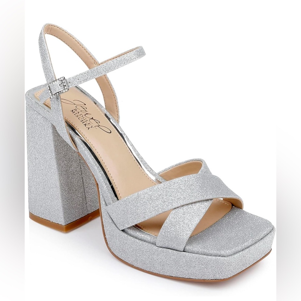 Jewel Badgley Mischka Rainbow Chunky Platform Heel Shoes Silver Heels